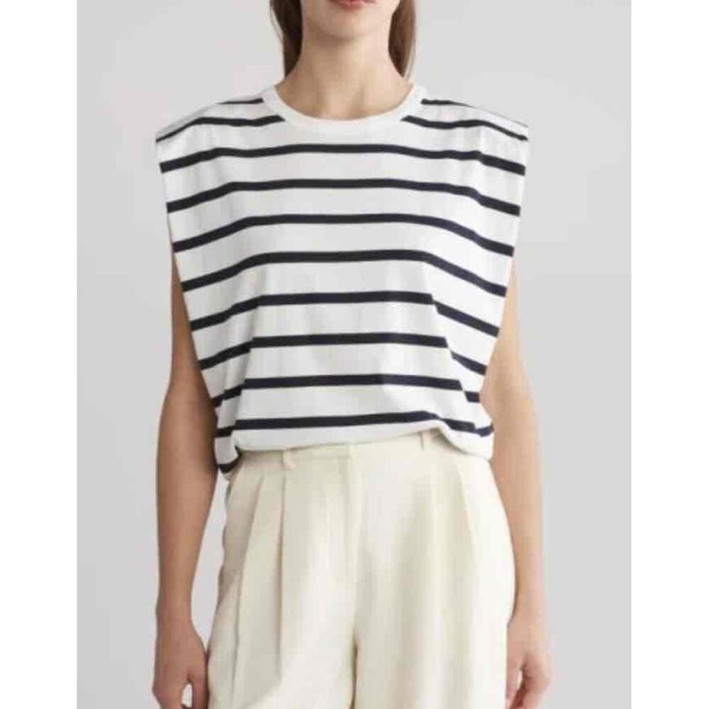 FRENCH CONNECTION NWOT SHOULDER PAD JERSEY TANK IN SUMMER WHITE-MARINE-LARGE